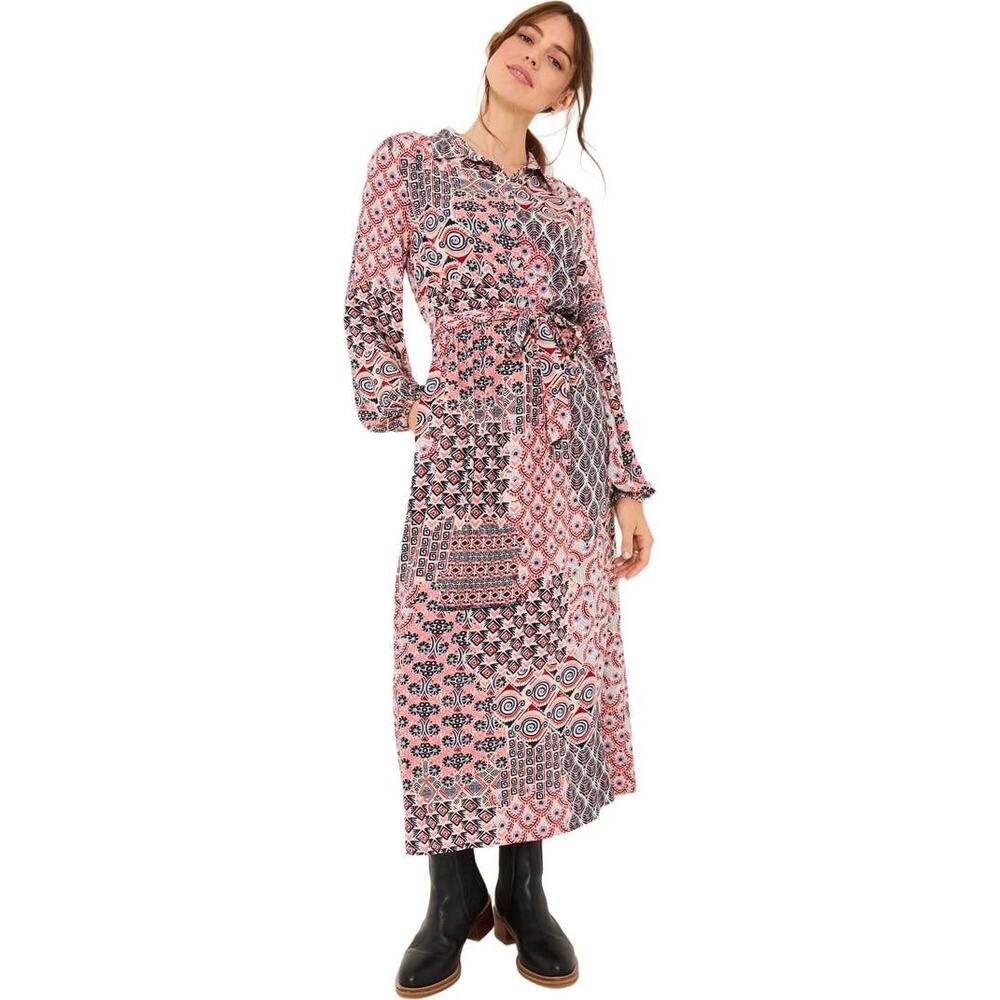FATFACE Printed Shirt Dress Midi Belted Boho Geometric Ecovero Viscose | Size 4